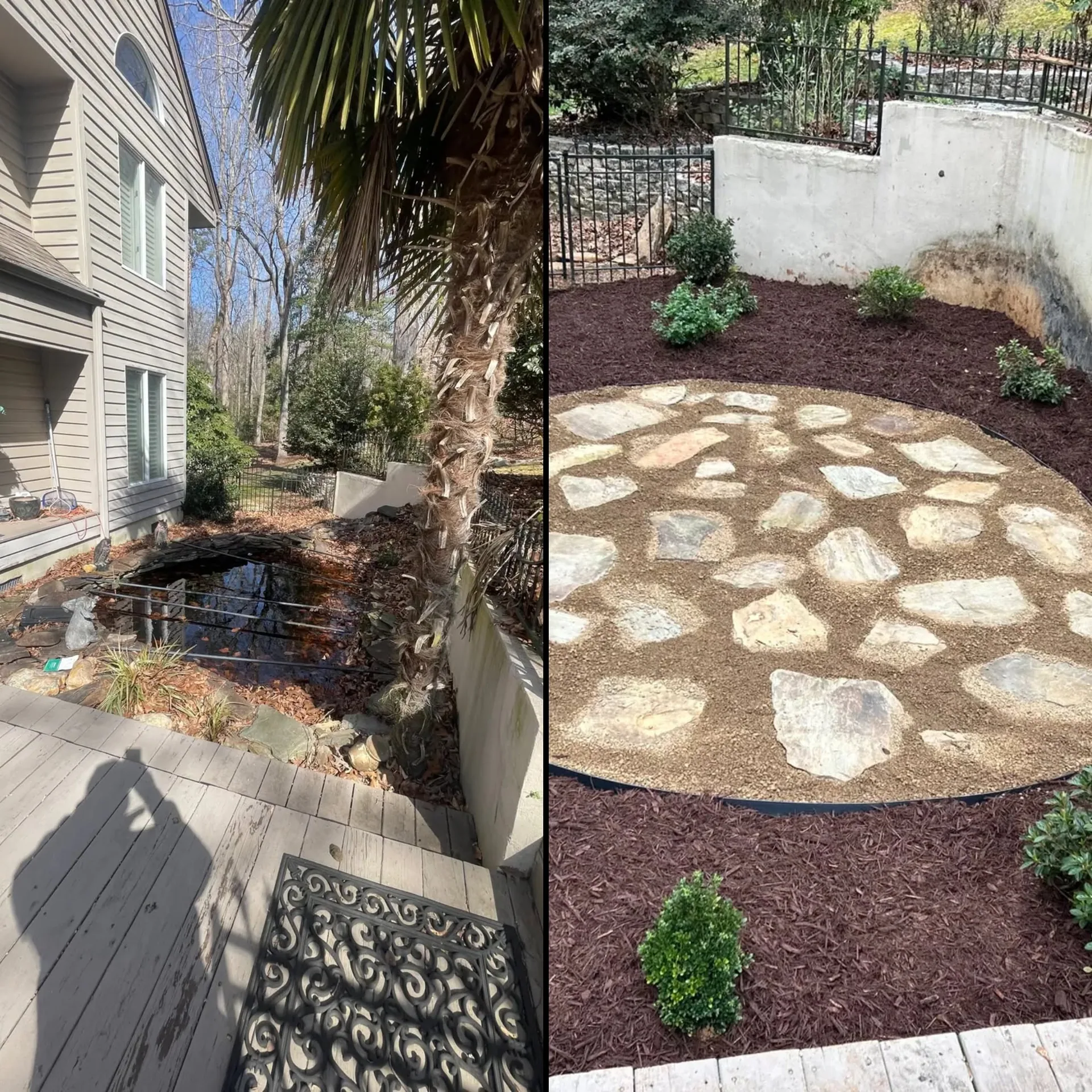 Before after pond removal flagstone gravel patio