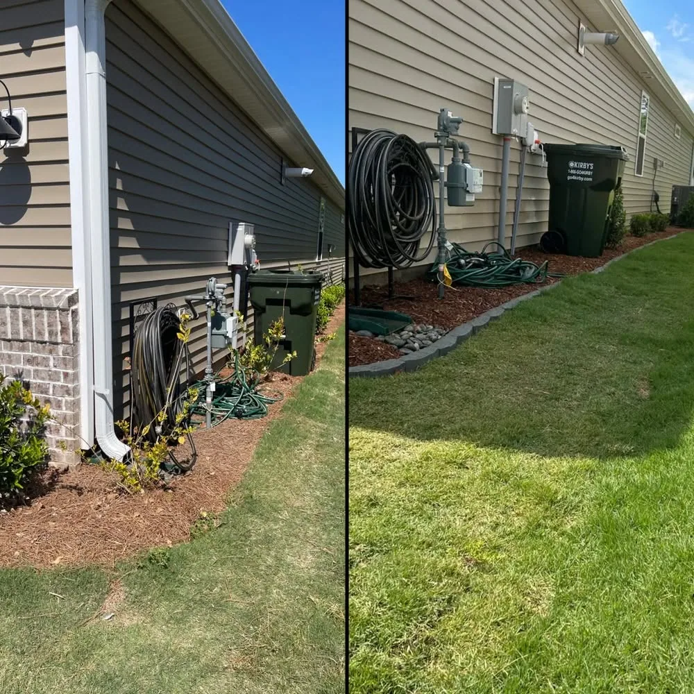 Before after side yard paver edging mulch bed