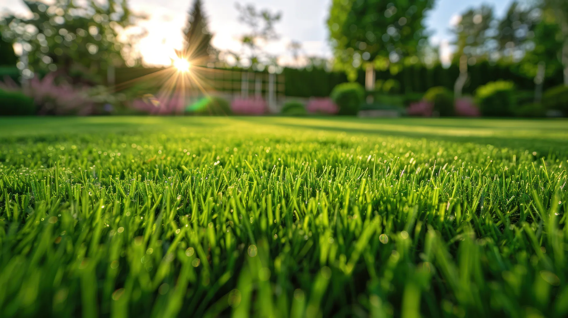 Close up dewy green lawn grass backyard