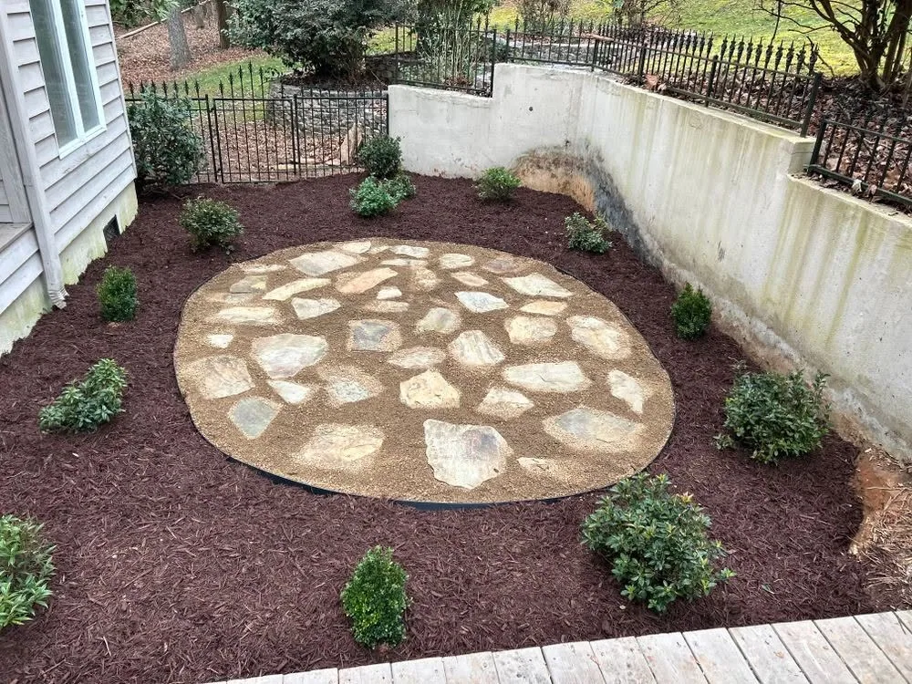 Oval flagstone patio concrete retaining wall upstate SC