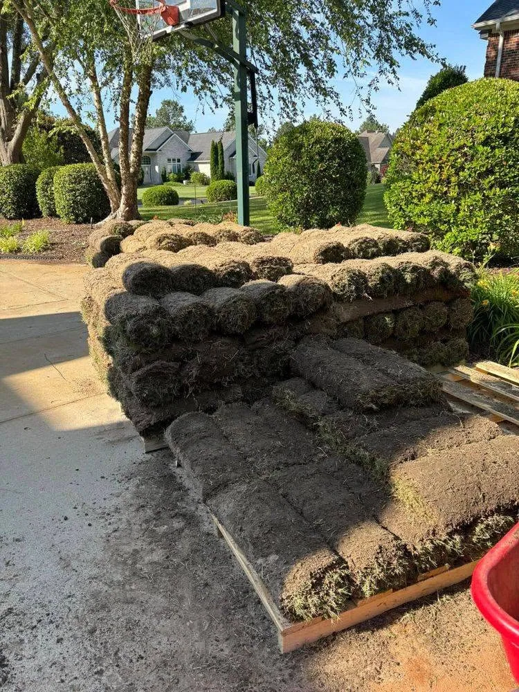 Palletized sod rolls driveway basketball hoop delivery.579d0439
