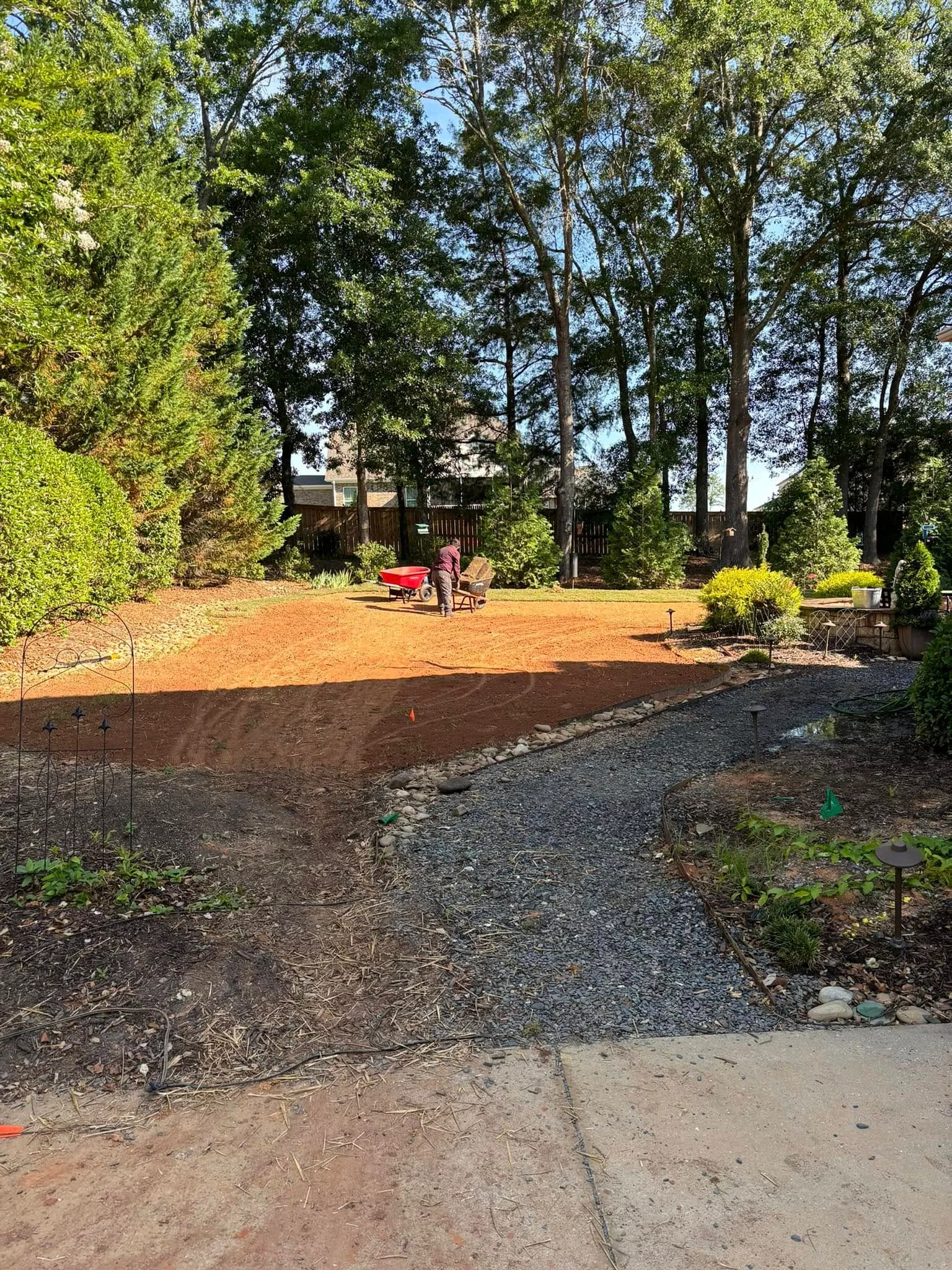 Patio view gravel walkway graded clay backyard.b306f1a8