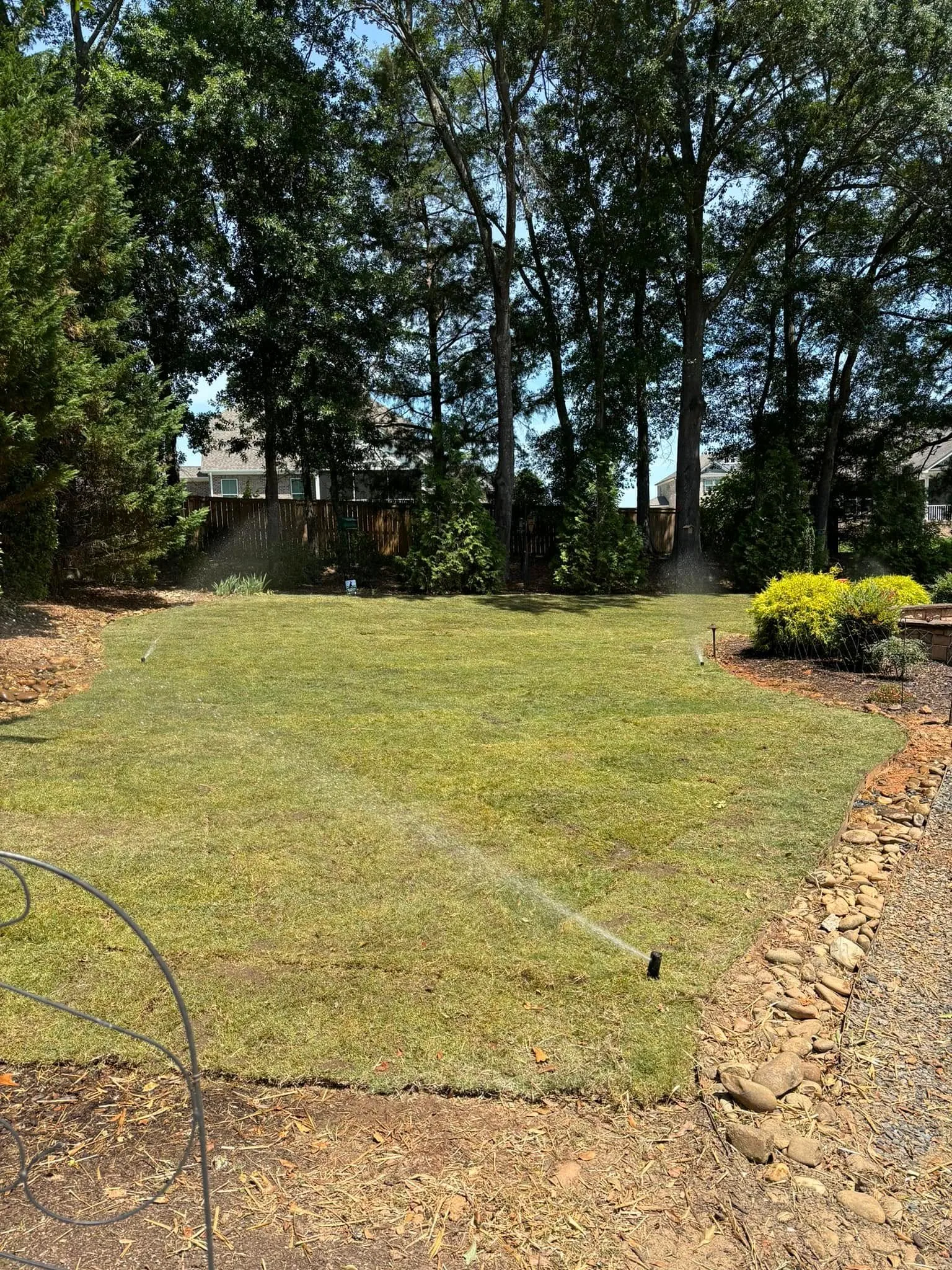 Pop up sprinklers watering sod river rock edge