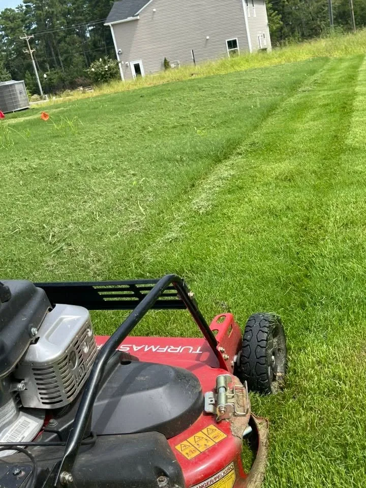 Red push mower striped lawn upstate sc.3dd14e77
