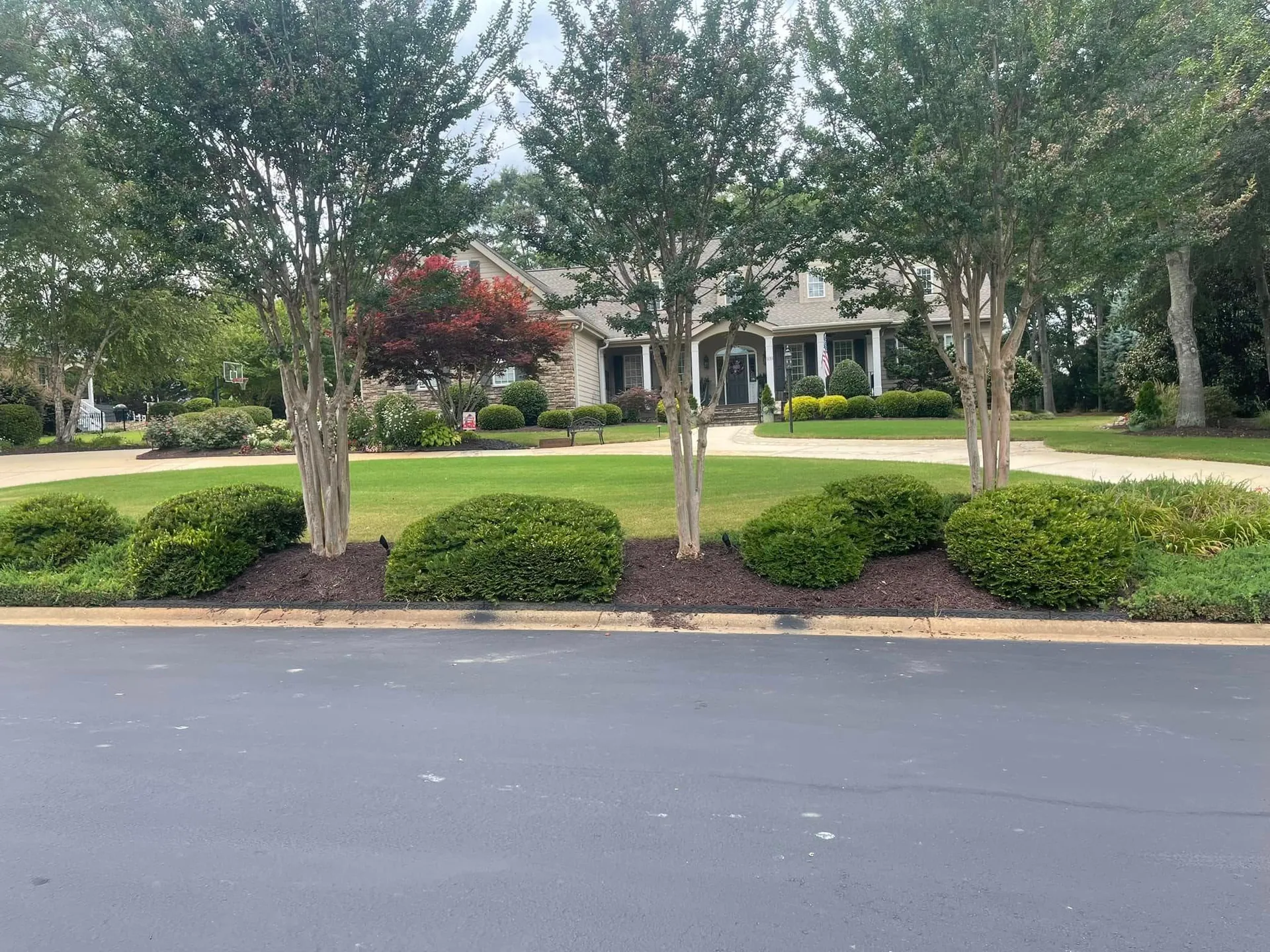 Street view curbside crape myrtle bed circular driveway.cdff1840
