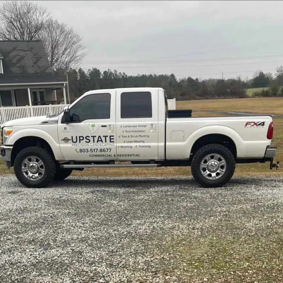Upstate precision landscaping white pickup side profile SC